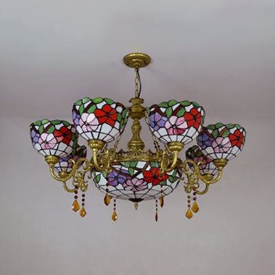 Rustic Stained Glass Inverted Chandelier with Scalloped Shade and Flower Pattern - 9 Lights for Bedroom