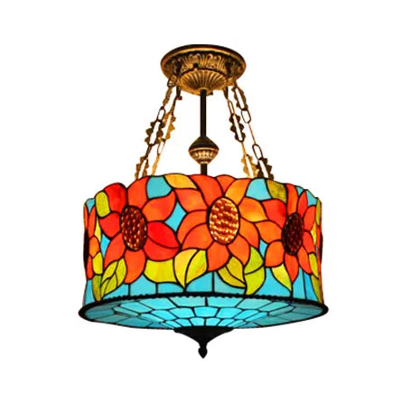 LED Vintage Ceiling Lights: Elegant Semi Flush Mount Lighting with Antique Brass Finish and Stained Glass Shade for your Bedroom