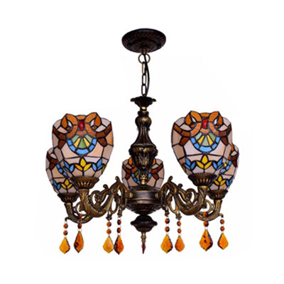 Retro Stained Glass Bowl Chandelier With Crystal Accent - 5 Lights For Bedroom Pendant