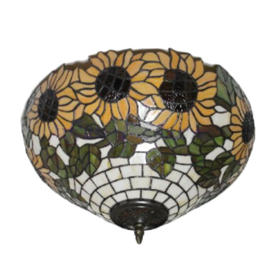 Stained Glass Sunflower Pattern Ceiling Light Fixture – Elegant Tiffany Style with 2 Flushmount Lights for Dining Room