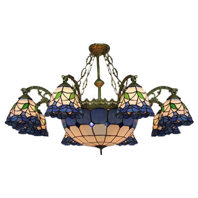 Vintage Stained Glass Chandelier with Flared Suspension and Blue Bowl Shade