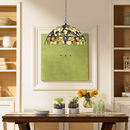 Tropical Bird Pendant Ceiling Light - Green Stained Glass Hanging Lamp For Dining Room