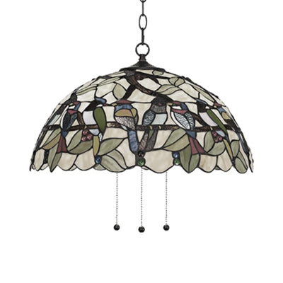 Tropical Bird Pendant Ceiling Light - Green Stained Glass Hanging Lamp For Dining Room