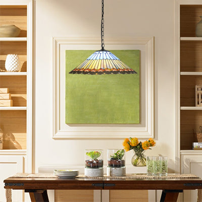 Beige Restaurant Hanging Lamp with Stained Glass Shade - Vintage Pendant Light