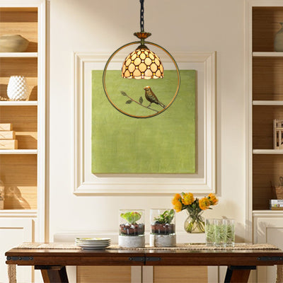 Tiffany-Style Dome Glass Pendant Ceiling Light With Bird Accent - Stainless 1 Beige Suspension Lamp