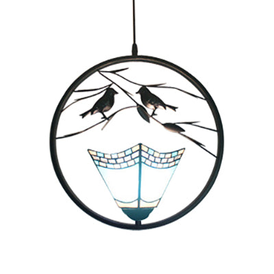 Stylish Tiffany Pendant Light With Blue Pyramid Shade - Stainless Glass Hanging Lamp Kit