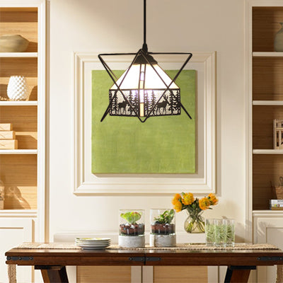 Lodge & Dear Cafe Pendant Light - Iron Wire Glass Rustic Hanging Light (1-Light, Black)