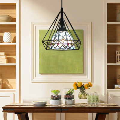 Hotel Domed Pendant Light Tiffany Blue Stained Glass with Diamond Cage – 1 Light