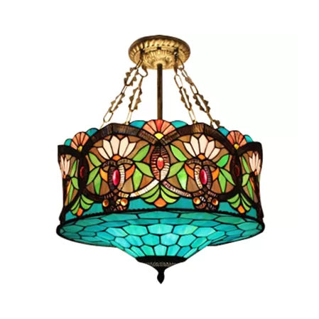 Led Stained Glass Living Room Ceiling Light - Baroque Style 18 W Drum Aqua / Flushmount