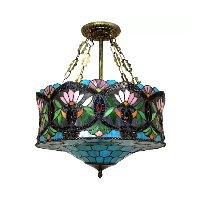 LED Stained Glass Living Room Ceiling Light - Baroque Style, 18" W Drum