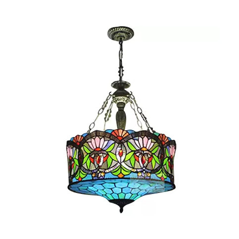LED Stained Glass Living Room Ceiling Light - Baroque Style, 18" W Drum
