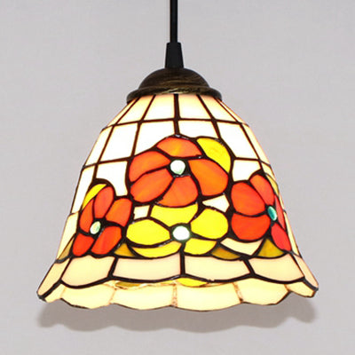 Tiffany Style Beige Stained Glass Pendant Lamp with Floral Design - Single Head Hanging Light Kit