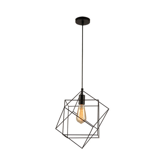 Hanging Industrial Black Metal Pendant Light - 1 Light Structural Cubic Design for Dining Room
