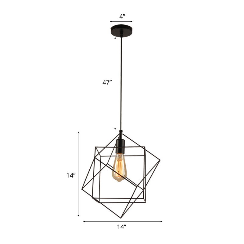 Hanging Industrial Black Metal Pendant Light - 1 Light Structural Cubic Design for Dining Room