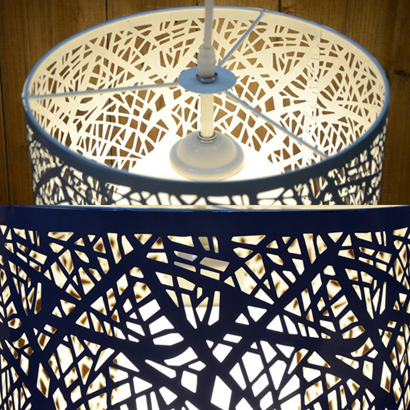 Industrial 1 Light Black Metal Hanging Lamp With Etched Drum Design - Perfect For Dining Rooms