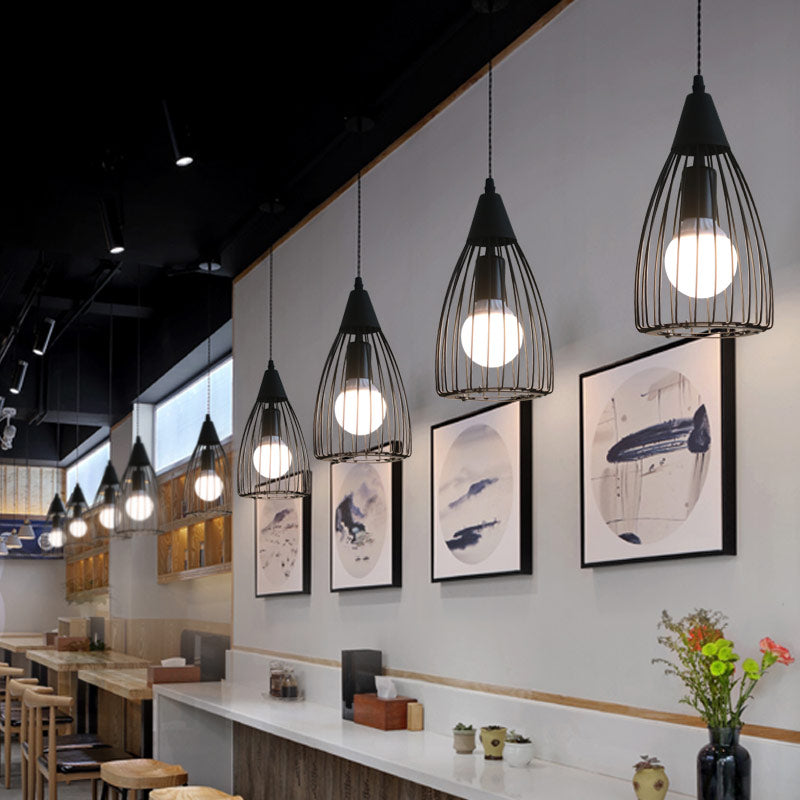 Vintage Industrial Conical Caged Metal Ceiling Light - Black