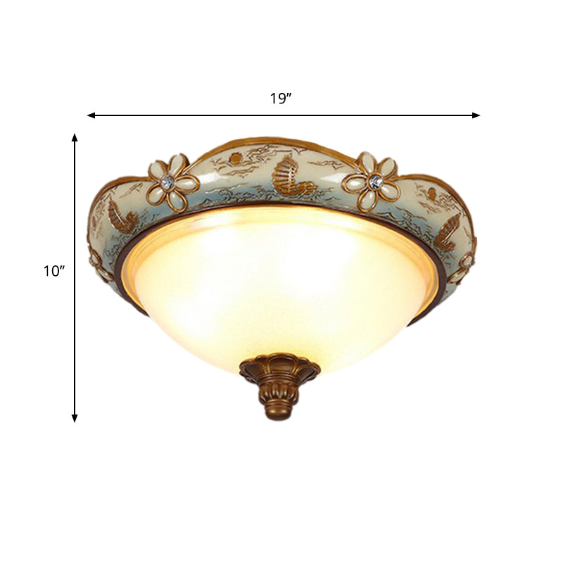 Vintage Opaline Glass Dome Ceiling Lamp with Blue-White Flush Mount and Bloom Decoration