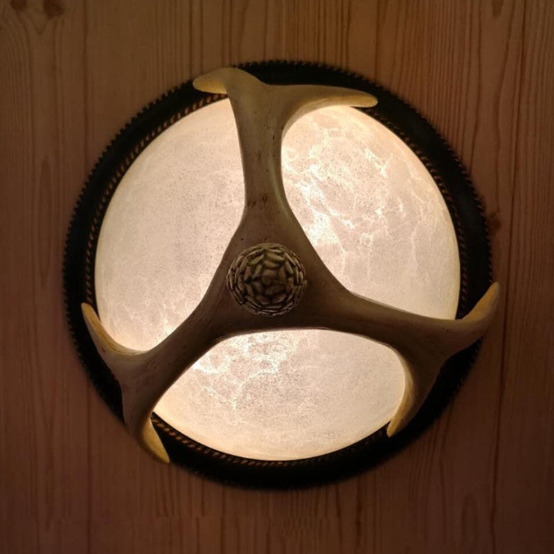 Semi-Ball Flush Mount 2-Head Ceiling Light With Classic Wood Resin And Antler Deco - Ideal For