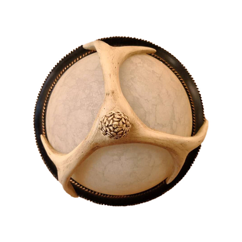 Semi-Ball Flush Mount 2-Head Ceiling Light with Classic Wood Resin and Antler Deco - Ideal for Bedrooms