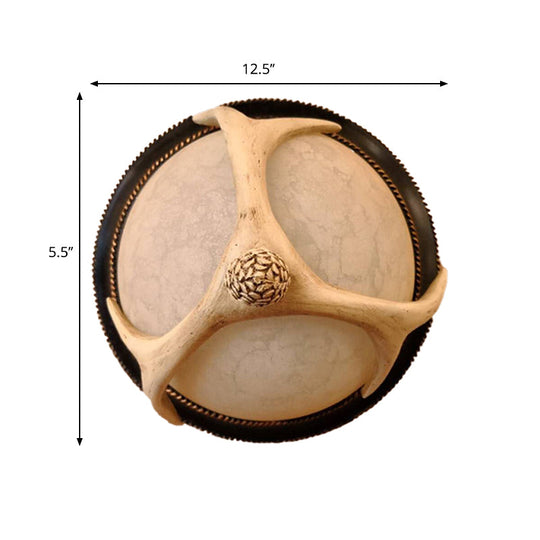 Semi-Ball Flush Mount 2-Head Ceiling Light with Classic Wood Resin and Antler Deco - Ideal for Bedrooms
