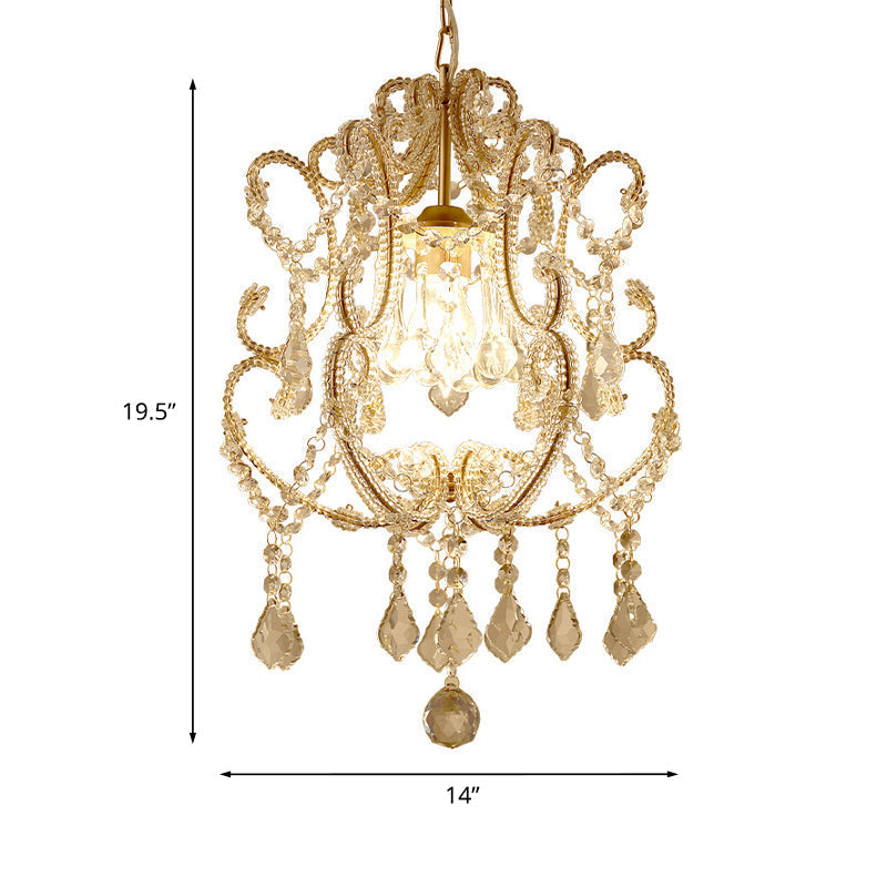 Gold Finish 1-Light Suspension Traditional Crystal Beaded Pendant Lamp