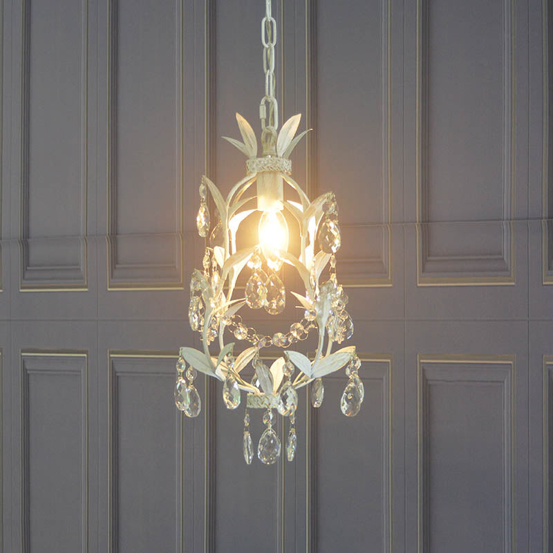 Modernism Crystal Drip Suspension Pendant With Leaves Design In White - 1 Bulb Ceiling Hang Fixture