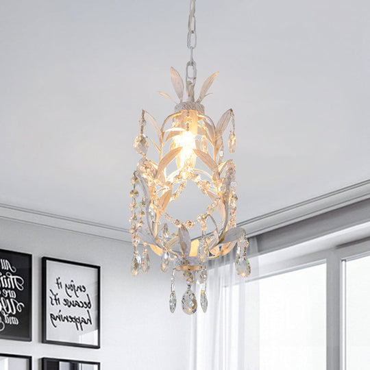 Modernism Crystal Drip Suspension Pendant With Leaves Design In White - 1 Bulb Ceiling Hang Fixture