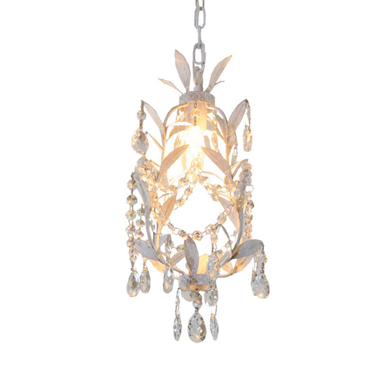 Modernism Crystal Drip Suspension Pendant With Leaves Design In White - 1 Bulb Ceiling Hang Fixture