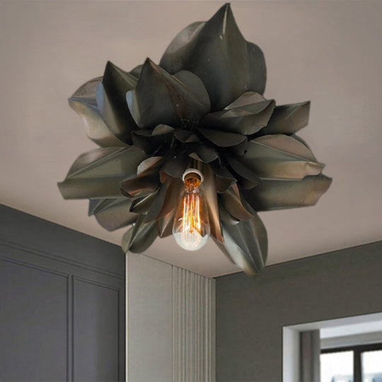 Black Magnolia Shape Flush Mount Ceiling Fixture - Rural Metallic Design, 1 Head