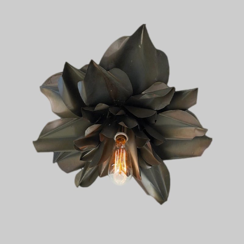 Black Magnolia Shape Flush Mount Ceiling Fixture - Rural Metallic Design, 1 Head