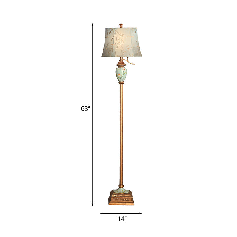 Blue Rustic Fabric Standing Lamp With Curved Vines Patterned Shade
