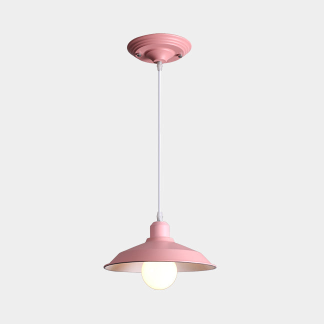 Retro Style Metallic Pink/Yellow Pendant Light With Barn Lampshade - Bedside Hanging Lamp