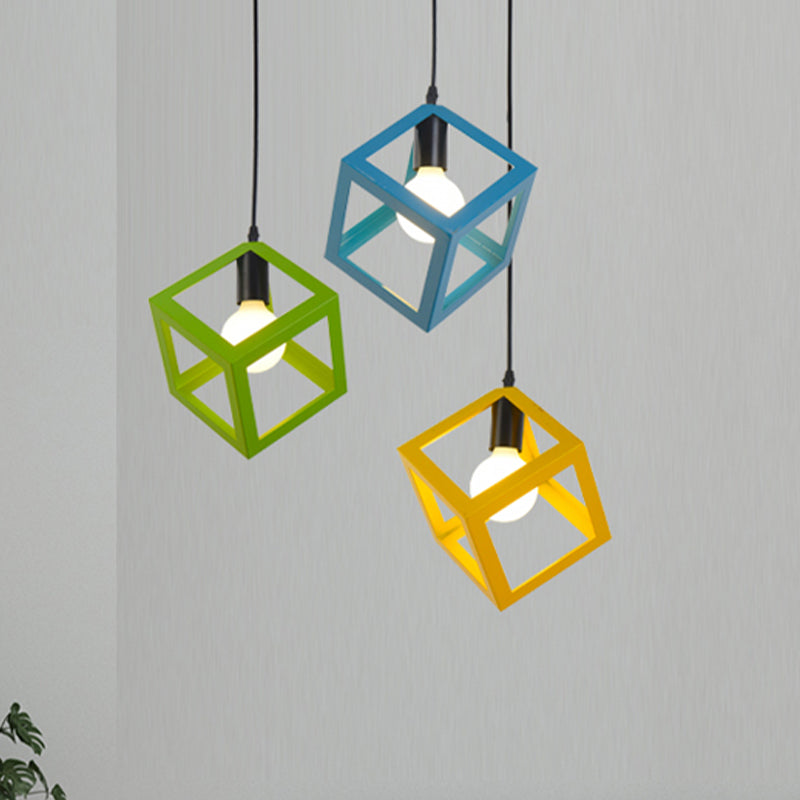 Loft Style 1-Light Hanging Lamp With Cubic Metal Cage Shade - Red/Blue/Green Pendant For Dining Room