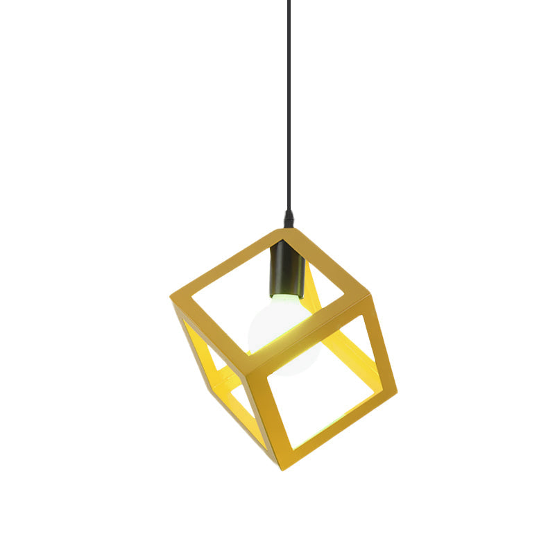 Loft Style 1-Light Hanging Lamp With Cubic Metal Cage Shade - Red/Blue/Green Pendant For Dining Room