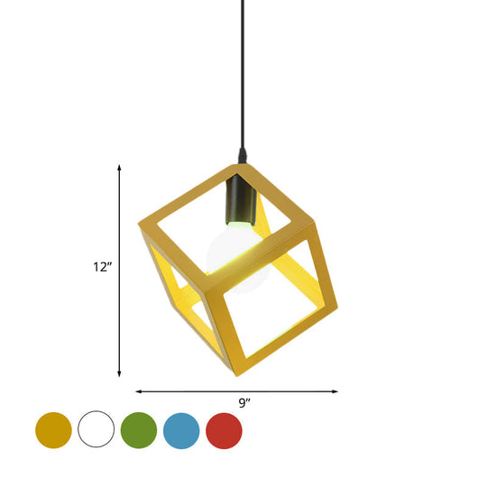 Loft Style 1-Light Hanging Lamp With Cubic Metal Cage Shade - Red/Blue/Green Pendant For Dining Room