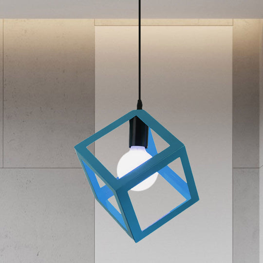 Loft Style 1-Light Hanging Lamp With Cubic Metal Cage Shade - Red/Blue/Green Pendant For Dining Room