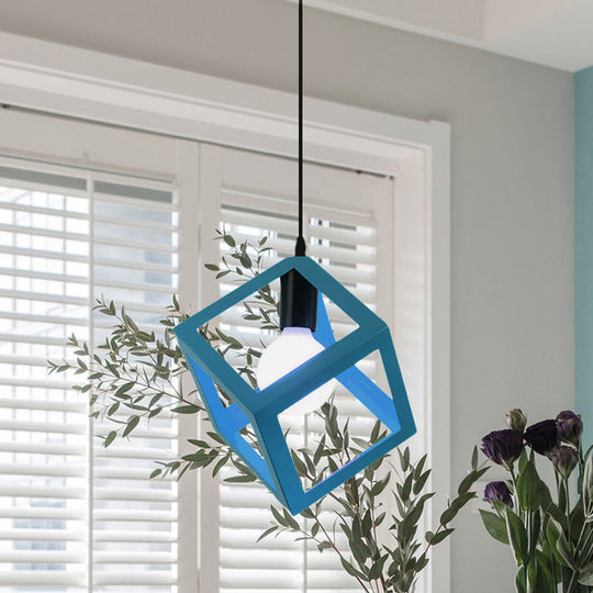 Loft Style 1-Light Hanging Lamp With Cubic Metal Cage Shade - Red/Blue/Green Pendant For Dining Room