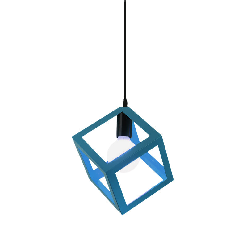 Loft Style Cubic Cage Pendant Light with Colorful Shades for Dining Room
