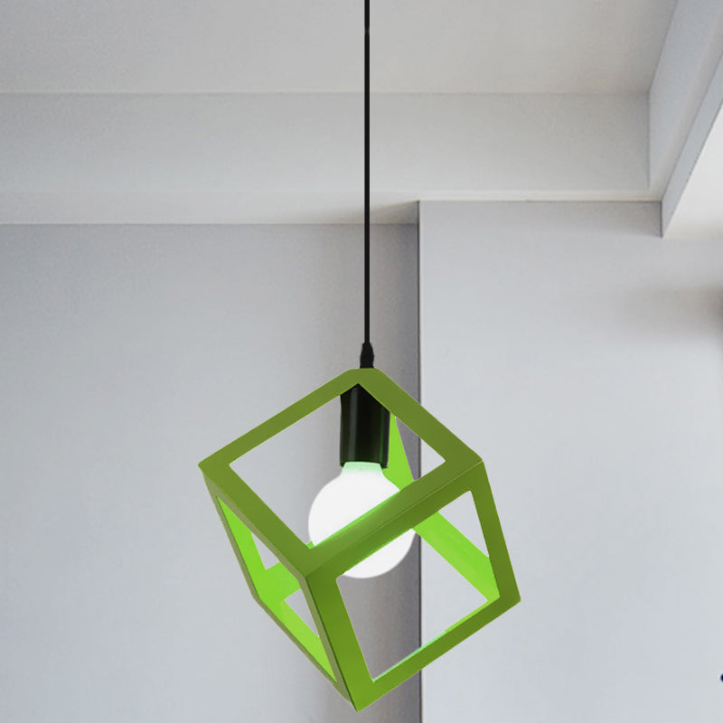 Loft Style 1-Light Hanging Lamp With Cubic Metal Cage Shade - Red/Blue/Green Pendant For Dining Room