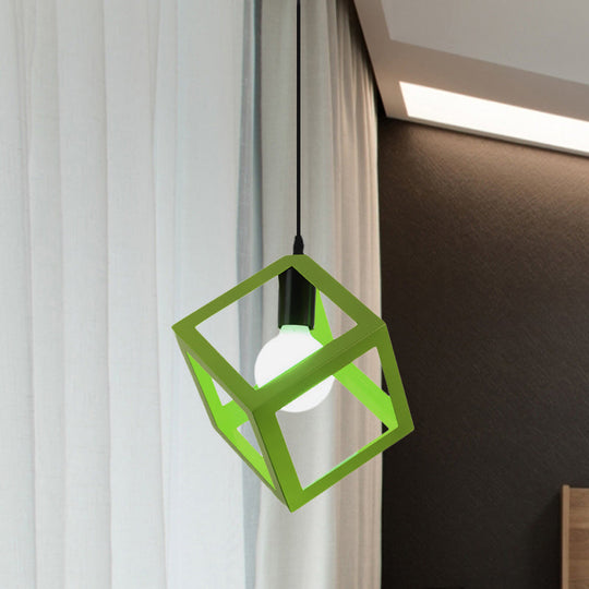 Loft Style Cubic Cage Pendant Light with Colorful Shades for Dining Room