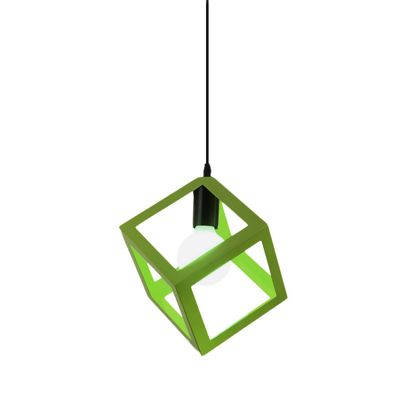 Loft Style 1-Light Hanging Lamp With Cubic Metal Cage Shade - Red/Blue/Green Pendant For Dining Room