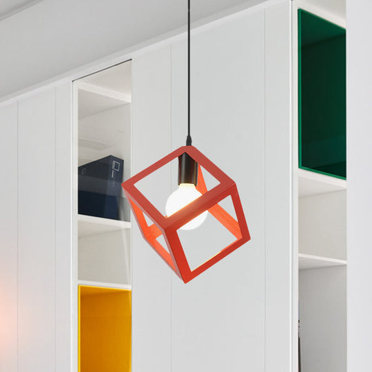 Loft Style Cubic Cage Pendant Light with Colorful Shades for Dining Room