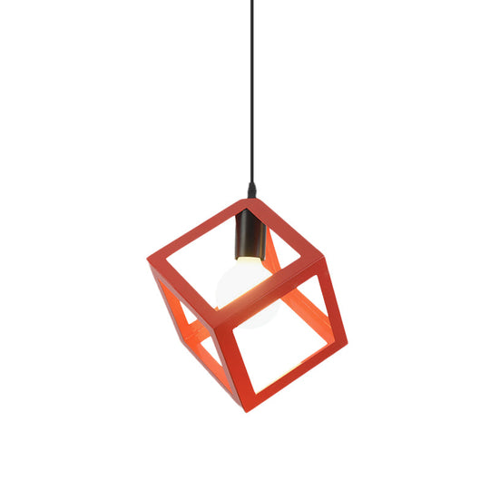 Loft Style 1-Light Hanging Lamp With Cubic Metal Cage Shade - Red/Blue/Green Pendant For Dining Room