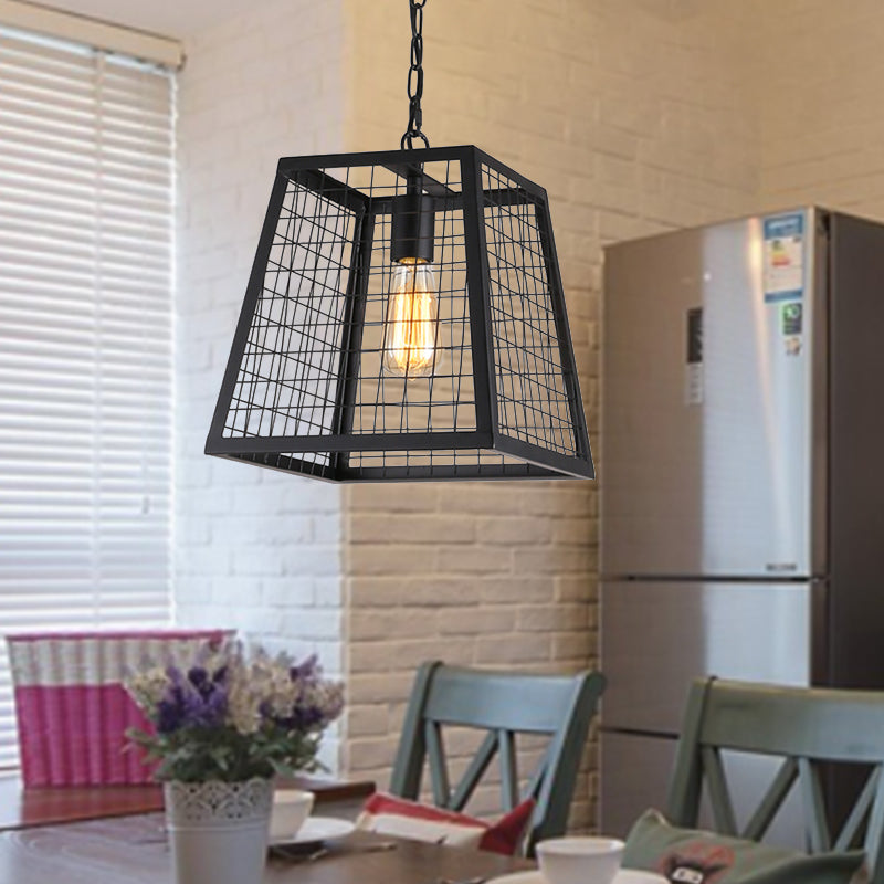 Vintage Style Black Metal Ceiling Pendant Fixture With Mesh Cage Shade