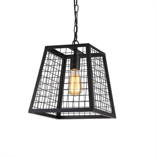Vintage Style Black Metal Mesh Cage Pendant Light with Trapezoid Bulb Fixture