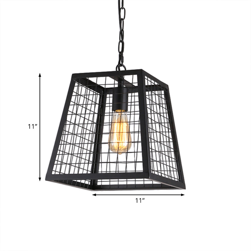 Vintage Style Black Metal Mesh Cage Pendant Light with Trapezoid Bulb Fixture