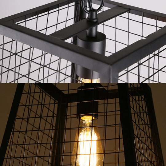 Vintage Style Black Metal Ceiling Pendant Fixture With Mesh Cage Shade