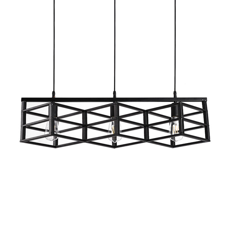 Vintage Industrial Black Linear Cage Pendant Light With 3 Bulbs For Hallways