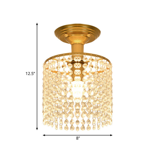 Crystal Strand Semi Flush 1-Light Gold Lamp - Simple Cylindrical Design for Close to Ceiling Lighting