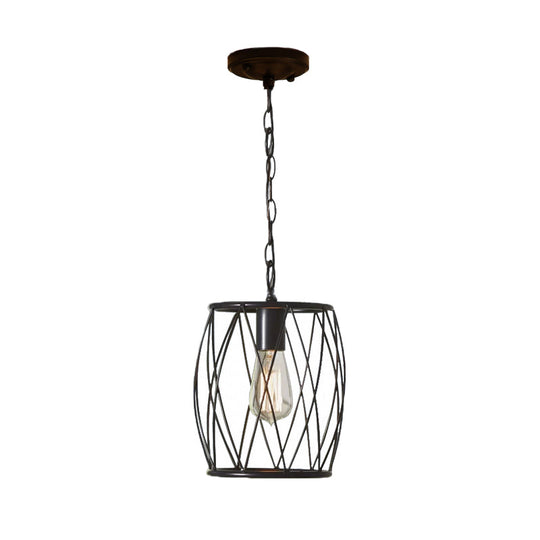 Industrial Metal Pendant Lamp with Black Wire Guard - 1 Bulb, Cylinder Shade for Dining Room Lighting Fixture